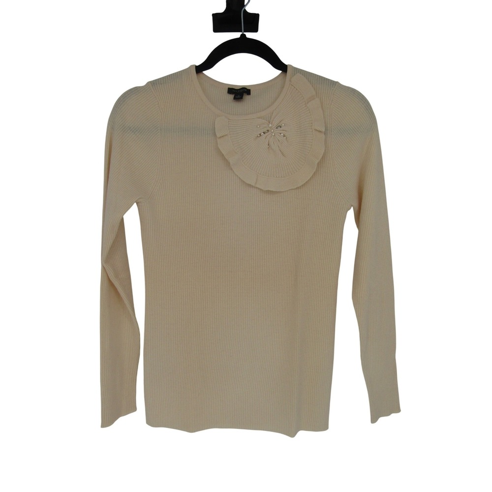 Ann Taylor Ribbed Knit Sweater Womens Smal Cream Wool Silk Cashmere Ruffle Pearl